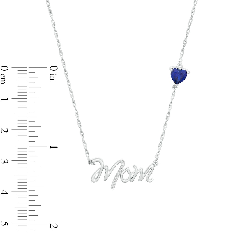 5.0mm Heart-Shaped Lab-Created Blue Sapphire and Diamond Accent "Mom" Script Necklace in Sterling Silver