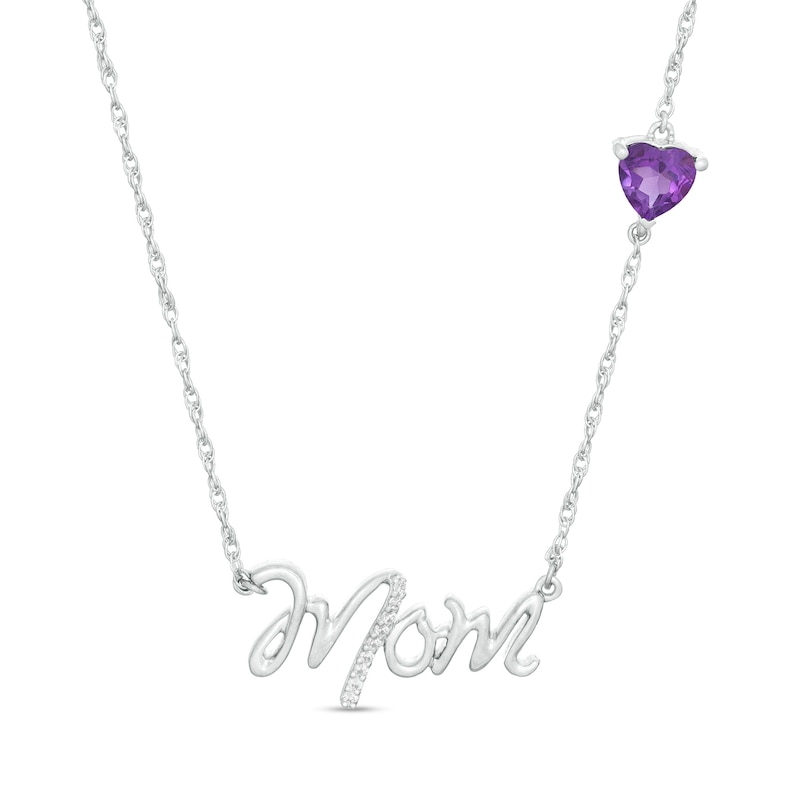 5.0mm Heart-Shaped Amethyst and Diamond Accent "Mom" Script Necklace in Sterling Silver|Peoples Jewellers