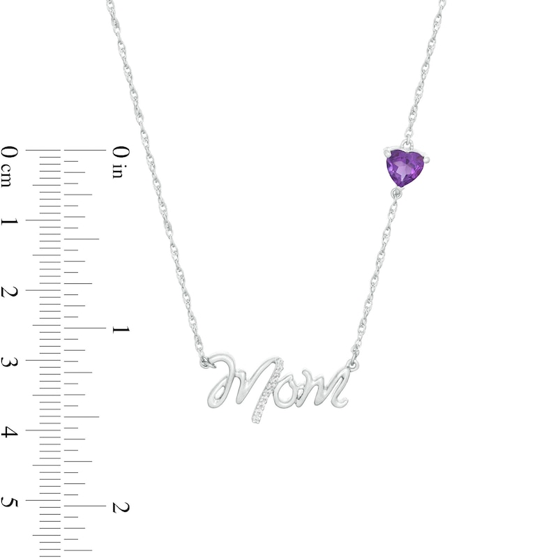 5.0mm Heart-Shaped Amethyst and Diamond Accent "Mom" Script Necklace in Sterling Silver