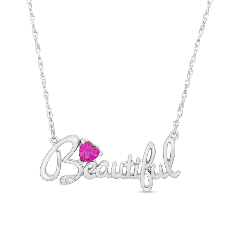 4.0mm Heart-Shaped Lab-Created Ruby "Beautiful" Script Necklace in Sterling Silver