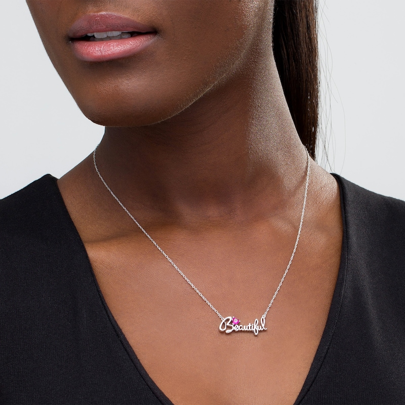 4.0mm Heart-Shaped Lab-Created Ruby "Beautiful" Script Necklace in Sterling Silver