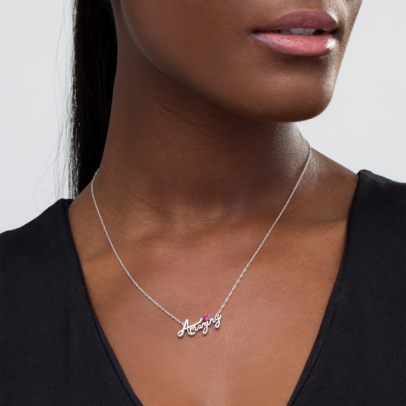 Main Image 2 of Lab-Created Ruby and Diamond Accent &quot;Amazing&quot; Script Necklace in Sterling Silver