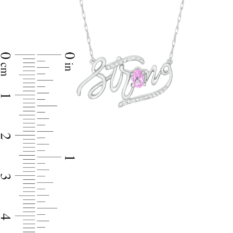 Oval Lab-Created Pink Sapphire and Diamond Accent "Strong" Script Necklace in Sterling Silver