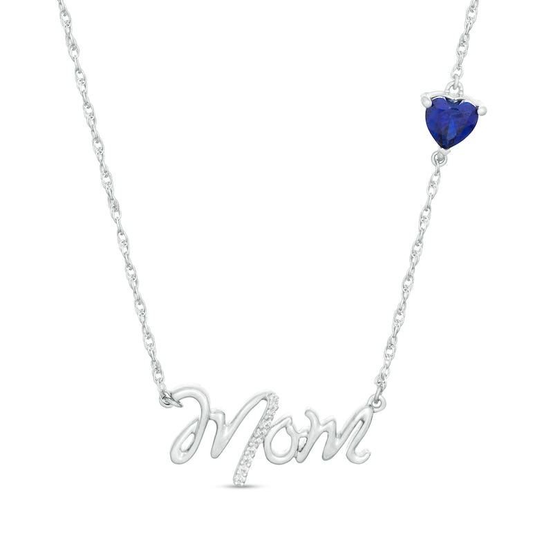 5.0mm Heart-Shaped Lab-Created Blue Sapphire and Diamond Accent "Mom" Script Necklace in Sterling Silver