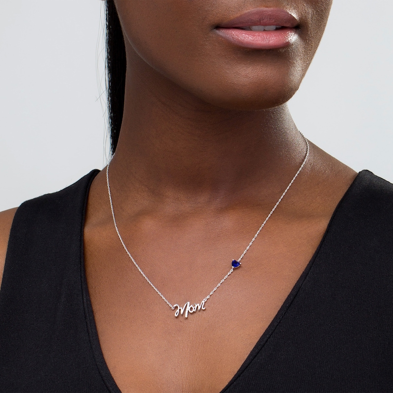 5.0mm Heart-Shaped Lab-Created Blue Sapphire and Diamond Accent "Mom" Script Necklace in Sterling Silver
