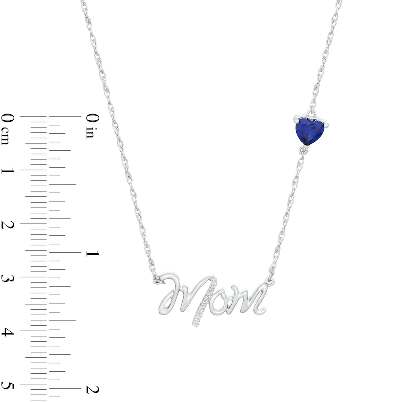 5.0mm Heart-Shaped Lab-Created Blue Sapphire and Diamond Accent "Mom" Script Necklace in Sterling Silver