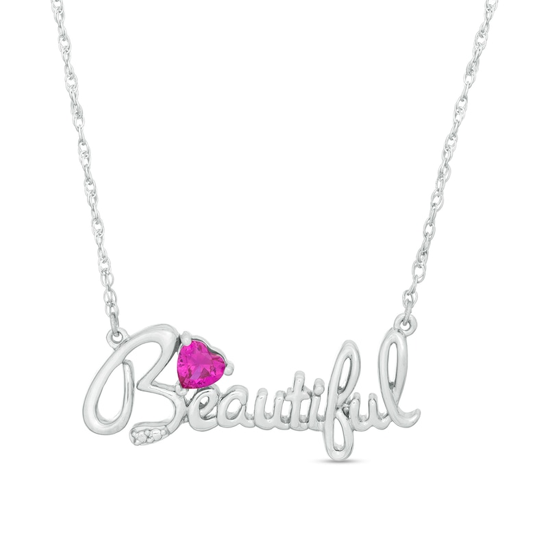 4.0mm Heart-Shaped Lab-Created Ruby "Beautiful" Script Necklace in Sterling Silver