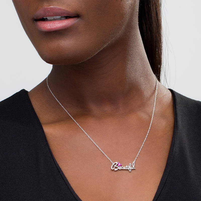 4.0mm Heart-Shaped Lab-Created Ruby "Beautiful" Script Necklace in Sterling Silver