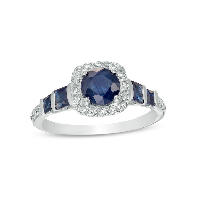 6.0mm Blue Sapphire and 0.25 CT. T.W. Diamond Cushion-Cut Frame Engagement Ring in 14K White Gold|Peoples Jewellers