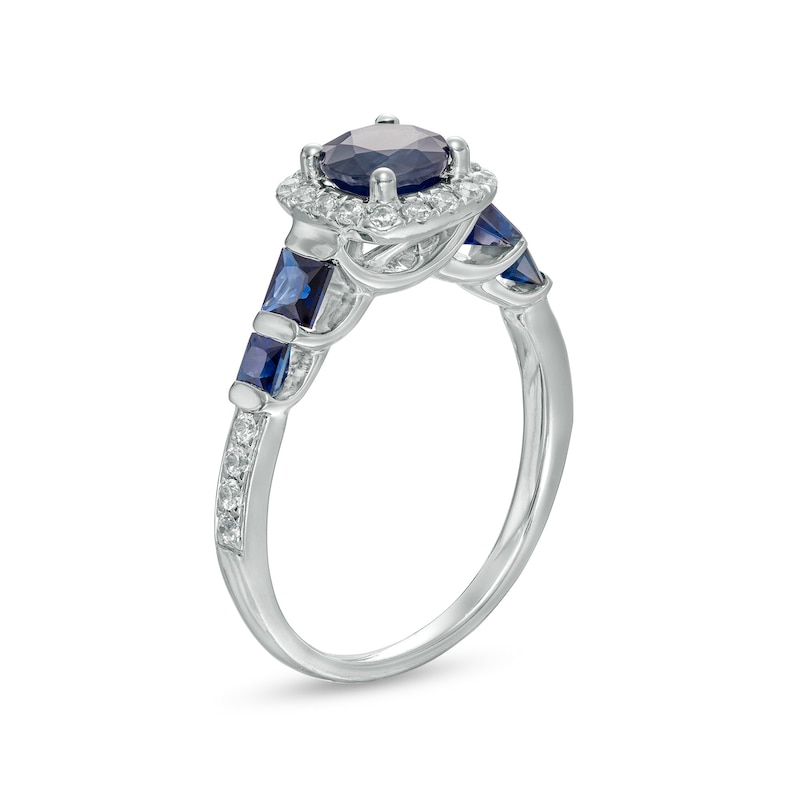 Main Image 3 of 6.0mm Blue Sapphire and 0.25 CT. T.W. Diamond Cushion-Cut Frame Engagement Ring in 14K White Gold