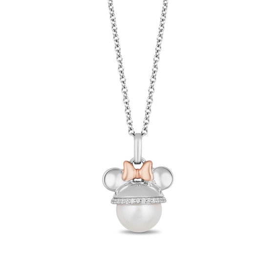 Mickey Mouse & Minnie Mouse 9.0mm Freshwater Cultured Pearl and 0.085 CT. T.W. Diamond Pendant in Sterling Silver-19"