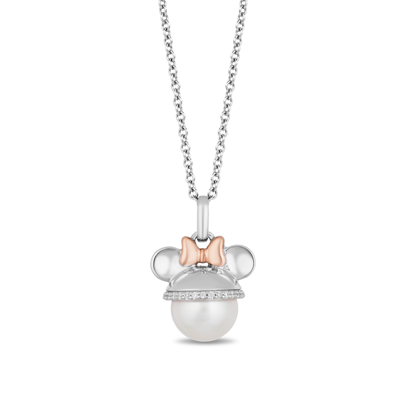 Mickey Mouse & Minnie Mouse 9.0mm Cultured Freshwater Pearl and 0.085 CT. T.W. Diamond Pendant in Sterling Silver - 19"