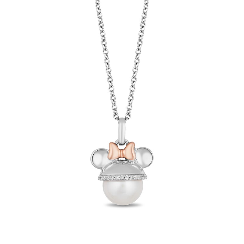 Mickey Mouse & Minnie Mouse 9.0mm Cultured Freshwater Pearl and 0.085 CT. T.W. Diamond Pendant in Sterling Silver - 19"|Peoples Jewellers