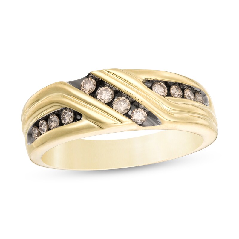 Main Image 1 of 0.33 CT. T.W. Champagne Diamond Slanted Row Band in 10K Gold with Black Rhodium