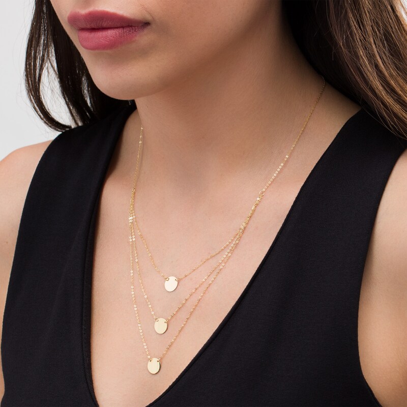 Italian Gold Polished Disc Triple Strand Necklace in 14K Gold