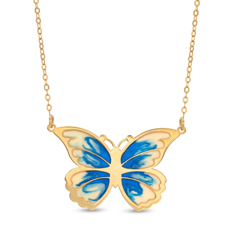 Main Image 1 of Italian Gold Blue and White Enamel Butterfly Necklace in 14K Gold