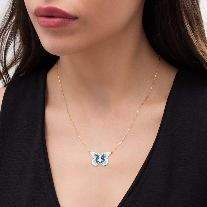 Main Image 2 of Italian Gold Blue and White Enamel Butterfly Necklace in 14K Gold