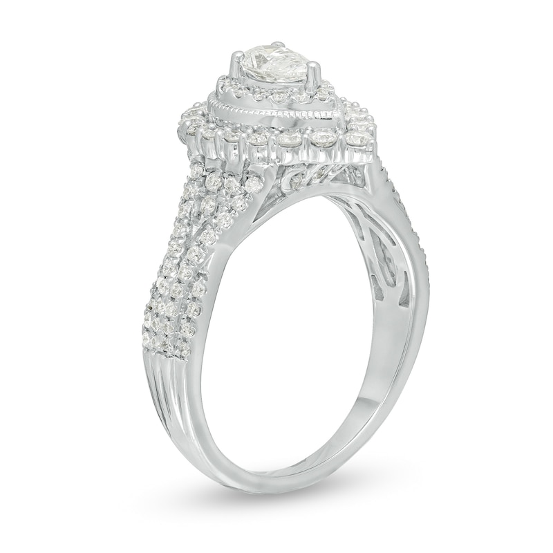 Main Image 3 of 1.00 CT. T.W. Pear-Shaped Diamond Double Frame Split Shank Vintage-Style Engagement Ring in 14K White Gold