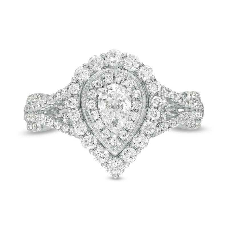Main Image 4 of 1.00 CT. T.W. Pear-Shaped Diamond Double Frame Split Shank Vintage-Style Engagement Ring in 14K White Gold