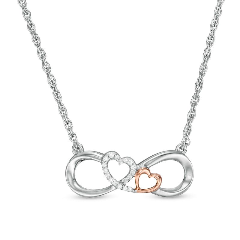 0.04 CT. T.W. Diamond Double Heart Infinity Loop Necklace in Sterling Silver with 14K Rose Gold Plate -17.5"|Peoples Jewellers