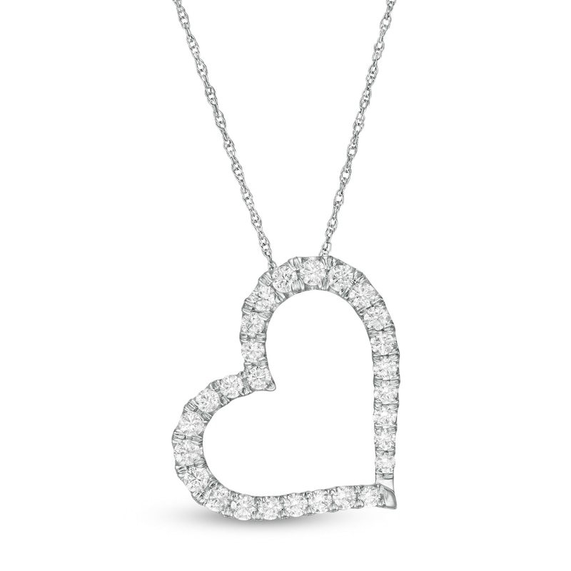 0.58 CT. T.W. Diamond Tilted Heart Necklace in 10K White Gold