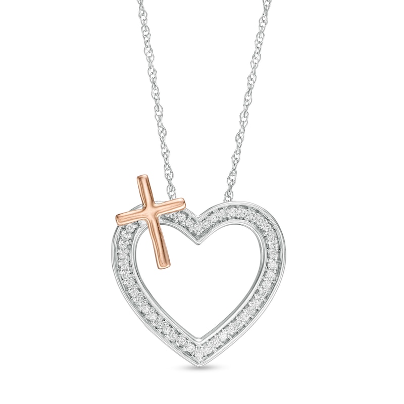 0.118 CT. T.W. Diamond Heart with Cross Necklace in Sterling Silver and 10K Rose Gold