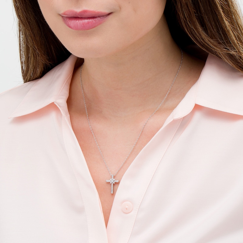 Main Image 2 of 0.115 CT. T.W. Diamond Flower Cross Pendant in Sterling Silver