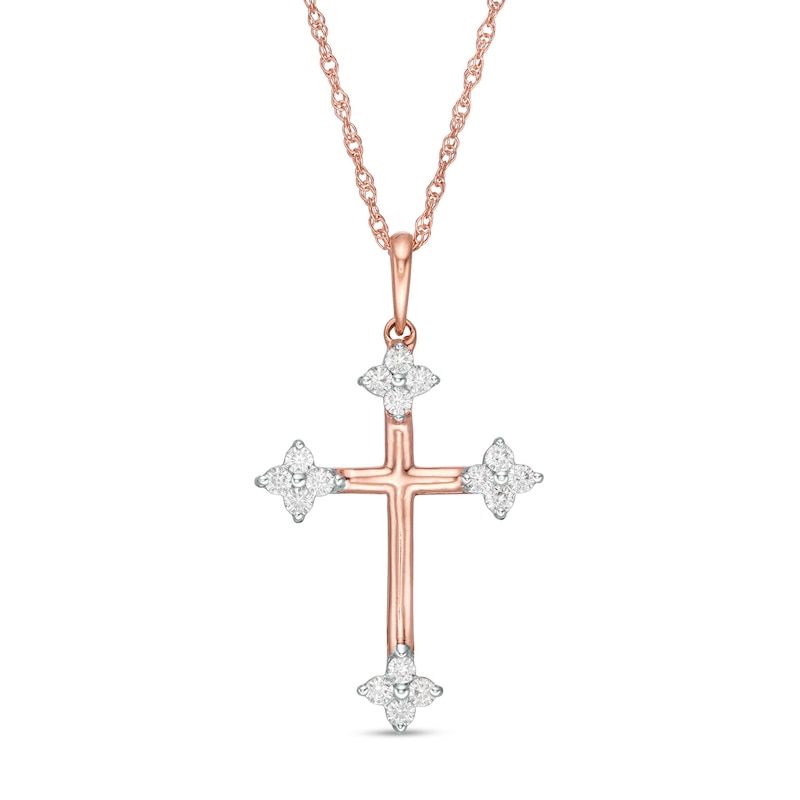 Main Image 1 of 0.145 CT. T.W. Diamond Clover Cross Pendant in 10K Rose Gold