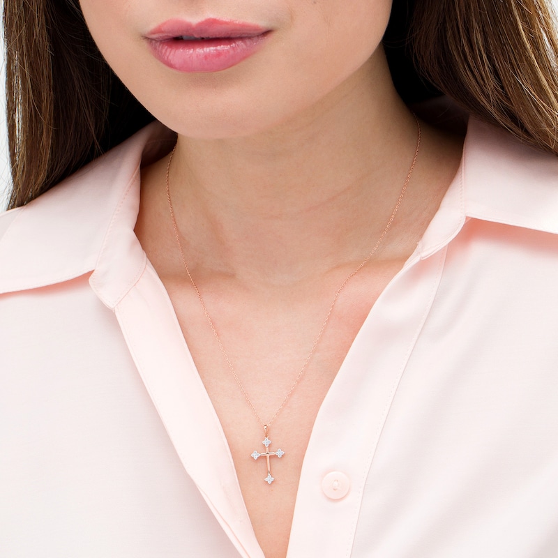 Main Image 2 of 0.145 CT. T.W. Diamond Clover Cross Pendant in 10K Rose Gold