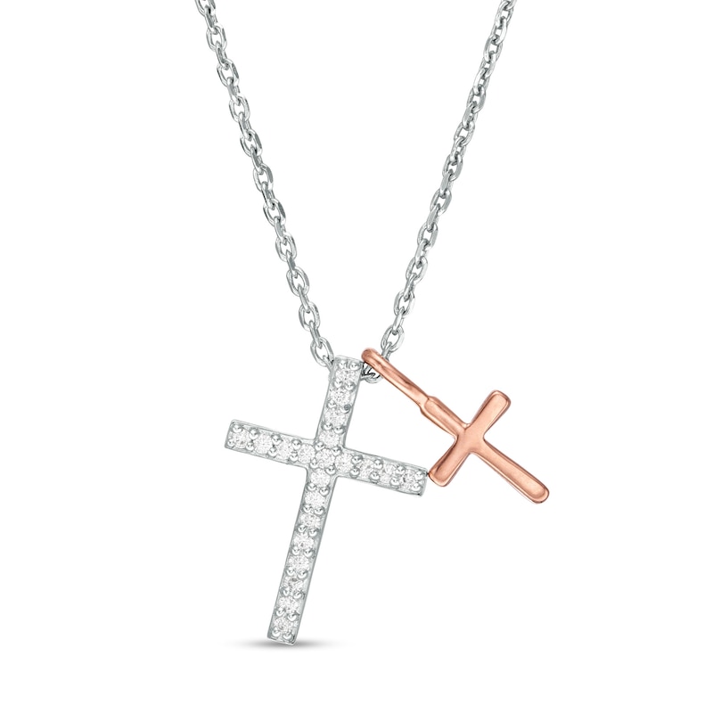 Main Image 1 of 0.086 CT. T.W. Diamond Double Cross Pendant in Sterling Silver and 10K Rose Gold