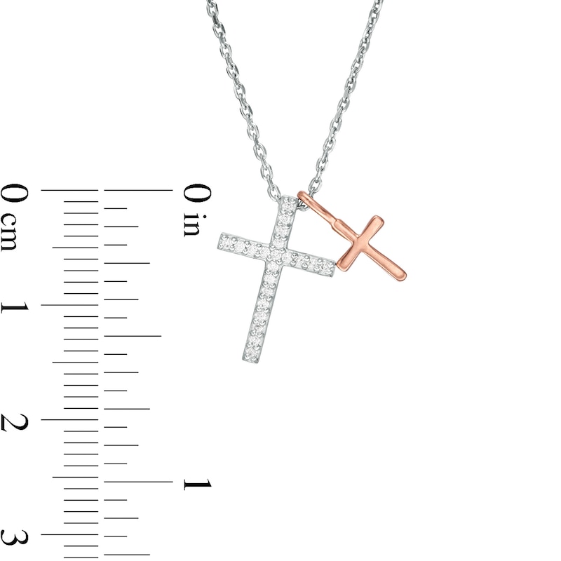 Main Image 3 of 0.086 CT. T.W. Diamond Double Cross Pendant in Sterling Silver and 10K Rose Gold