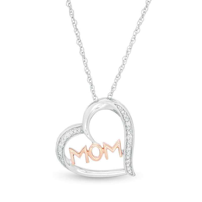 Diamond Accent "MOM" Tilted Heart Pendant in Sterling Silver and 10K Rose Gold|Peoples Jewellers