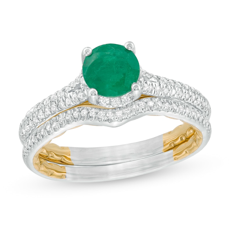 6.0mm Emerald and 0.33 CT. T.W. Diamond Frame Double Row Bridal Set in 14K Two-Tone Gold