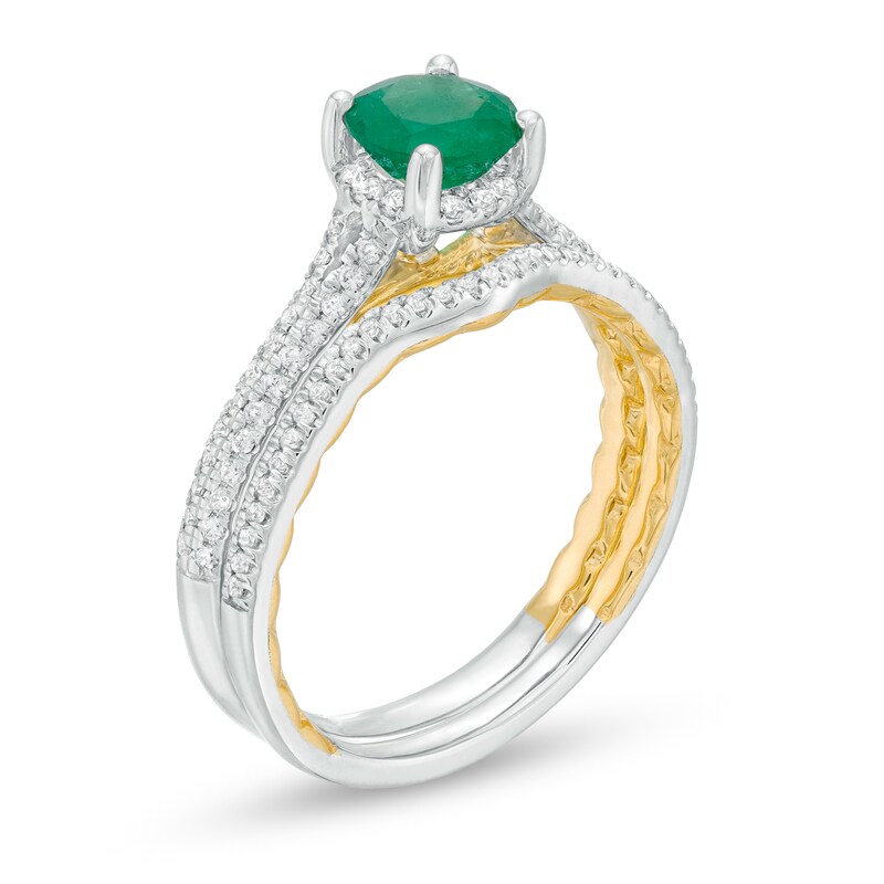 6.0mm Emerald and 0.33 CT. T.W. Diamond Frame Double Row Bridal Set in 14K Two-Tone Gold