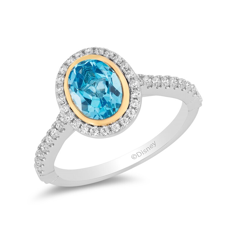 Main Image 1 of Enchanted Disney Jasmine Oval Swiss Blue Topaz and 0.23 CT. T.W. Diamond Frame Engagement Ring in 14K Two-Tone Gold
