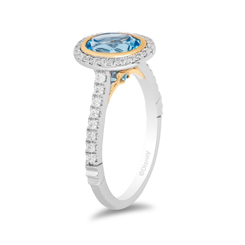 Main Image 2 of Enchanted Disney Jasmine Oval Swiss Blue Topaz and 0.23 CT. T.W. Diamond Frame Engagement Ring in 14K Two-Tone Gold