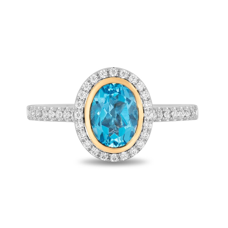 Main Image 3 of Enchanted Disney Jasmine Oval Swiss Blue Topaz and 0.23 CT. T.W. Diamond Frame Engagement Ring in 14K Two-Tone Gold