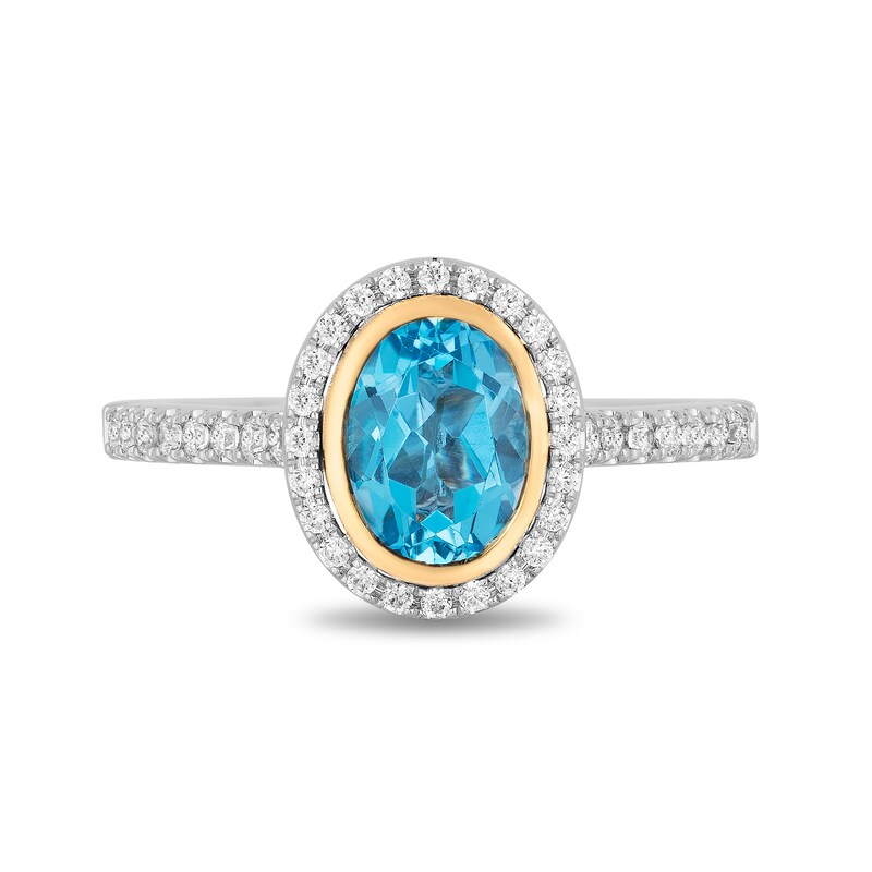 Enchanted Disney Jasmine Oval Swiss Blue Topaz and 0.23 CT. T.W. Diamond Frame Engagement Ring in 14K Two-Tone Gold