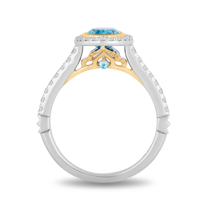 Enchanted Disney Jasmine Oval Swiss Blue Topaz and 0.23 CT. T.W. Diamond Frame Engagement Ring in 14K Two-Tone Gold