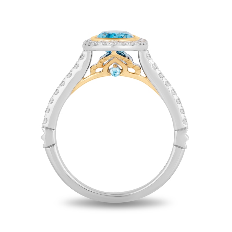 Main Image 4 of Enchanted Disney Jasmine Oval Swiss Blue Topaz and 0.23 CT. T.W. Diamond Frame Engagement Ring in 14K Two-Tone Gold