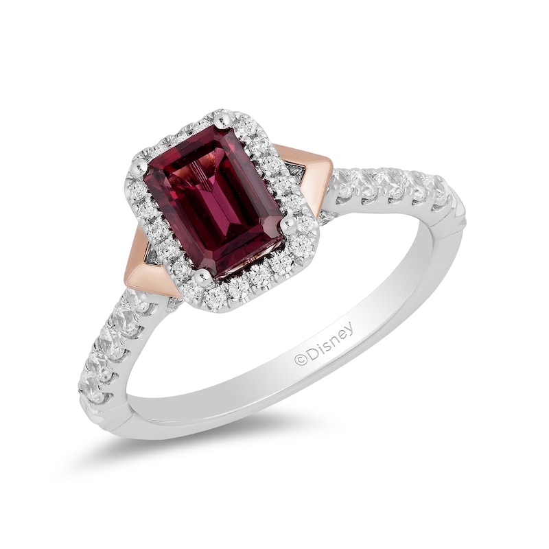 Main Image 1 of Enchanted Disney Mulan Emerald-Cut Rhodolite Garnet and 0.45 CT. T.W. Diamond Frame Engagement Ring in 14K Two-Tone Gold