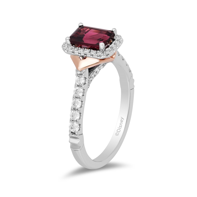 Main Image 2 of Enchanted Disney Mulan Emerald-Cut Rhodolite Garnet and 0.45 CT. T.W. Diamond Frame Engagement Ring in 14K Two-Tone Gold
