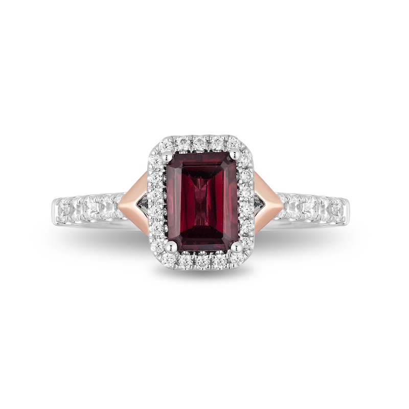 Main Image 3 of Enchanted Disney Mulan Emerald-Cut Rhodolite Garnet and 0.45 CT. T.W. Diamond Frame Engagement Ring in 14K Two-Tone Gold