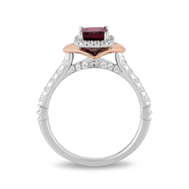 Main Image 4 of Enchanted Disney Mulan Emerald-Cut Rhodolite Garnet and 0.45 CT. T.W. Diamond Frame Engagement Ring in 14K Two-Tone Gold