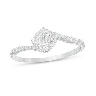 0.25 CT. T.W. Baguette and Round Diamond Tilted Cushion Frame Bypass Ring in 10K White Gold