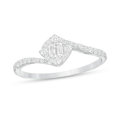 0.25 CT. T.W. Baguette and Round Diamond Tilted Cushion Frame Bypass Ring in 10K White Gold
