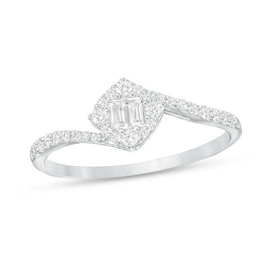 0.25 CT. T.W. Baguette and Round Diamond Tilted Cushion Frame Bypass Ring in 10K White Gold
