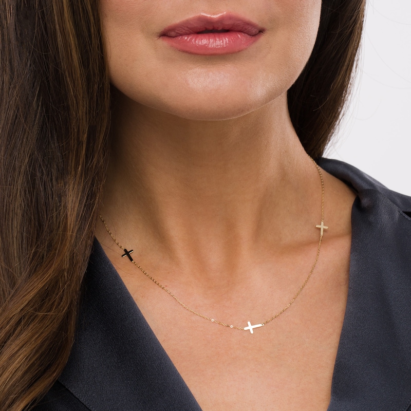 Main Image 2 of Triple Cross Station Necklace in 10K Gold