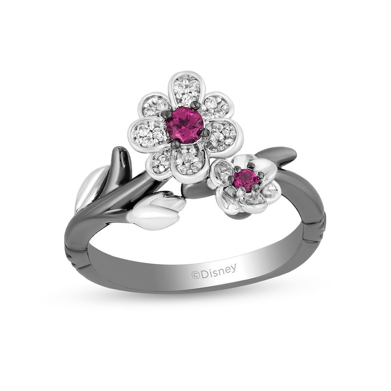 Main Image 1 of Enchanted Disney Mulan Live Action Rhodolite Garnet and 0.085 CT. T.W. Diamond Flower Ring in Sterling Silver