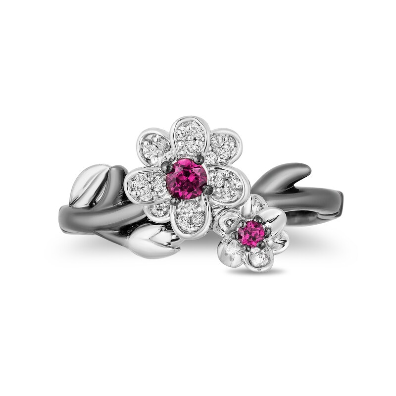 Main Image 4 of Enchanted Disney Mulan Live Action Rhodolite Garnet and 0.085 CT. T.W. Diamond Flower Ring in Sterling Silver